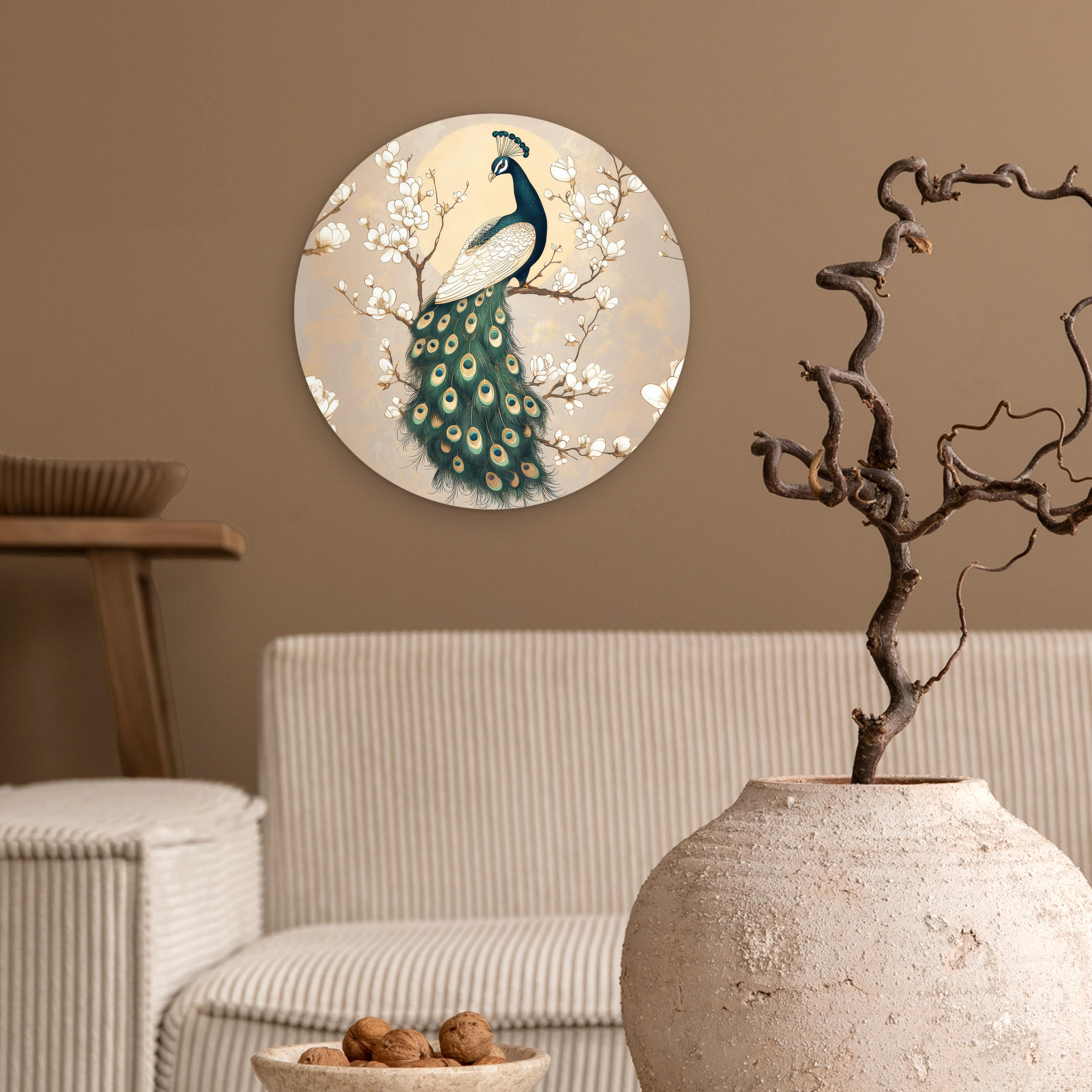 WANDBILD Pfau - Zweig - Blumen 30x30 cm - Champagner, Kunststoff (30/30cm) - MuchoWow