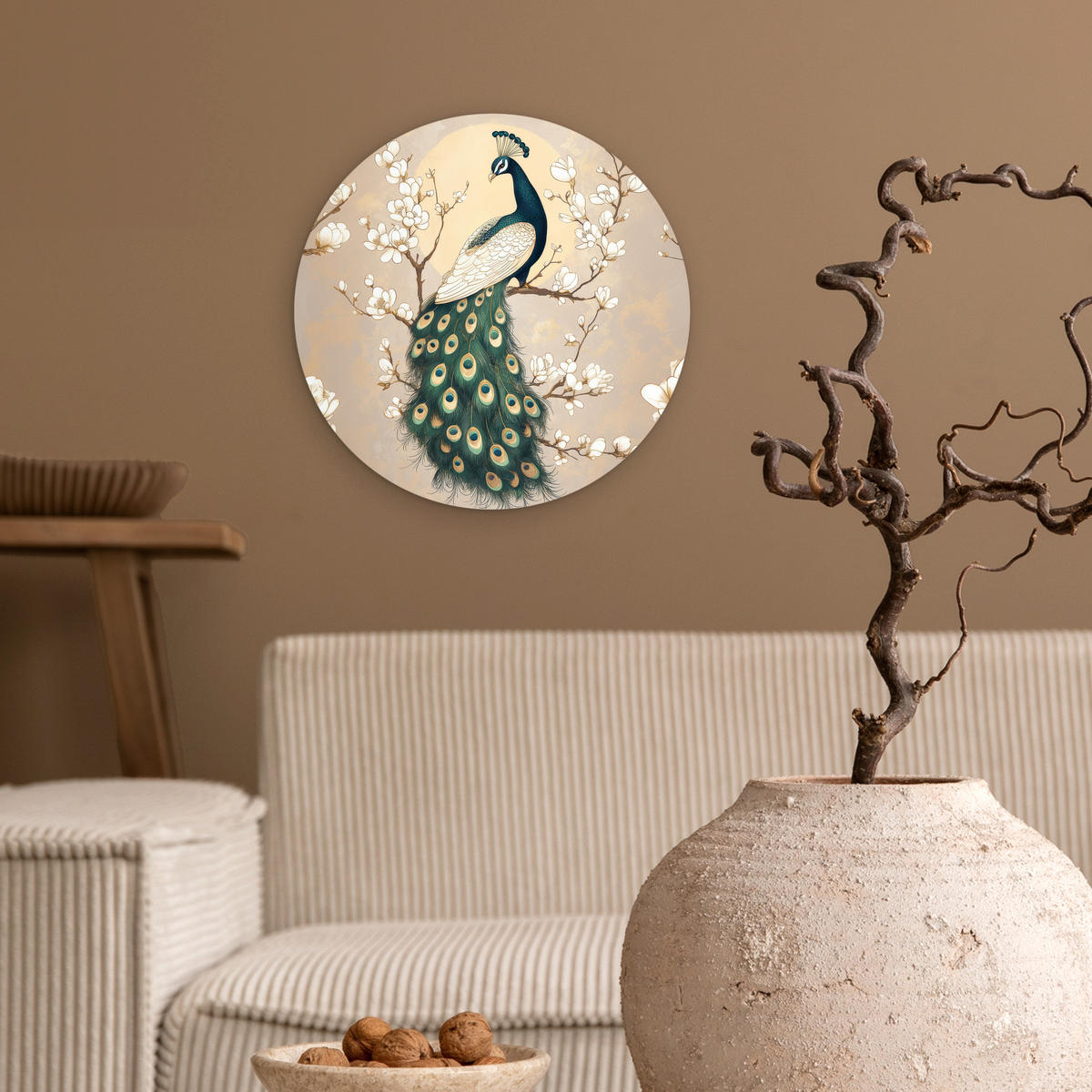 WANDBILD Pfau - Zweig - Blumen 30x30 cm - Champagner, Kunststoff (30/30cm) - MuchoWow