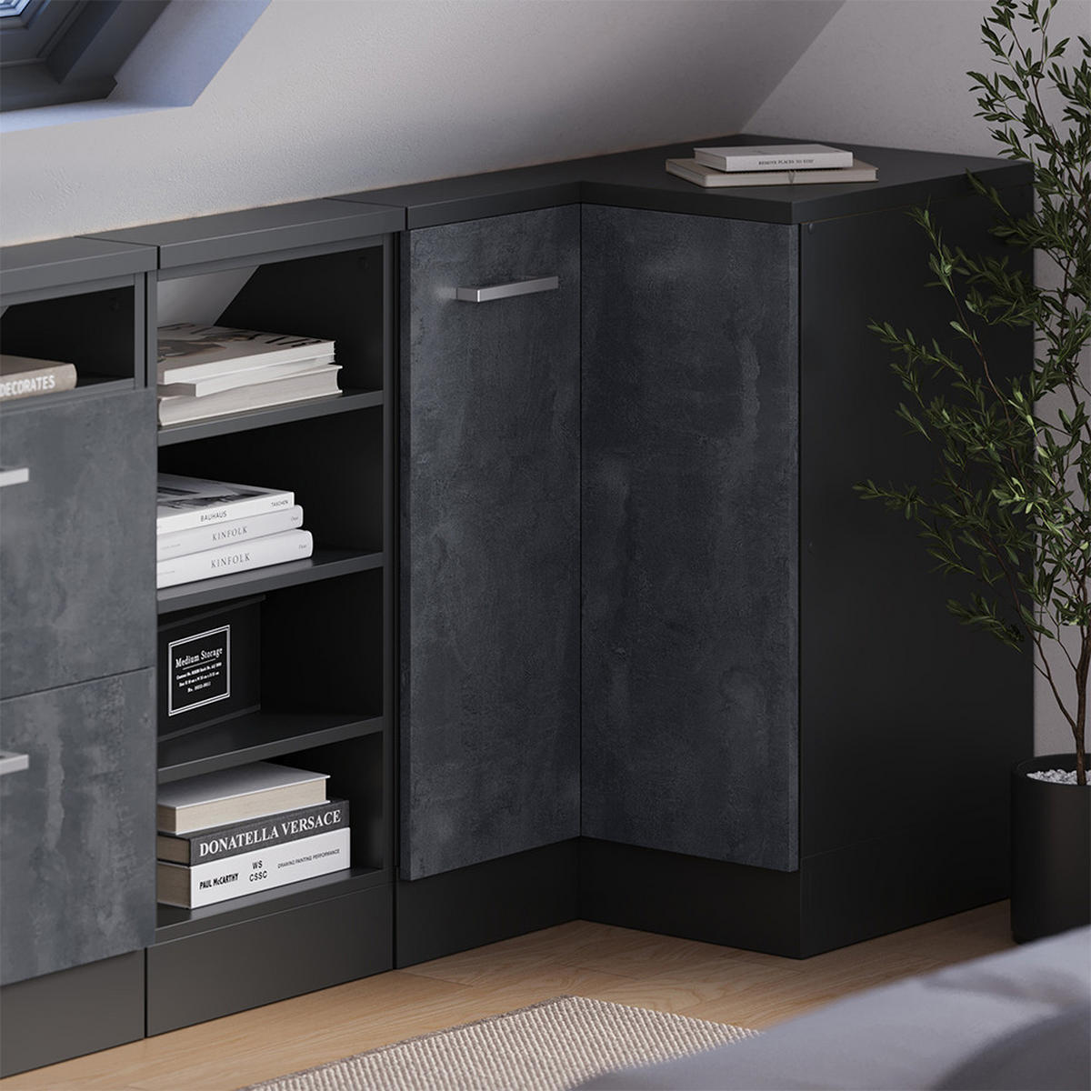 DACHSCHRÄGENSCHRANK ECKSCHRANK Rion Schwarz Beton/Anthrazit 75.6 x 81.6 cm mit 1 Tür - Anthrazit/Schwarz, Holzwerkstoff (75.6/81.6/75.6cm) - Vicco