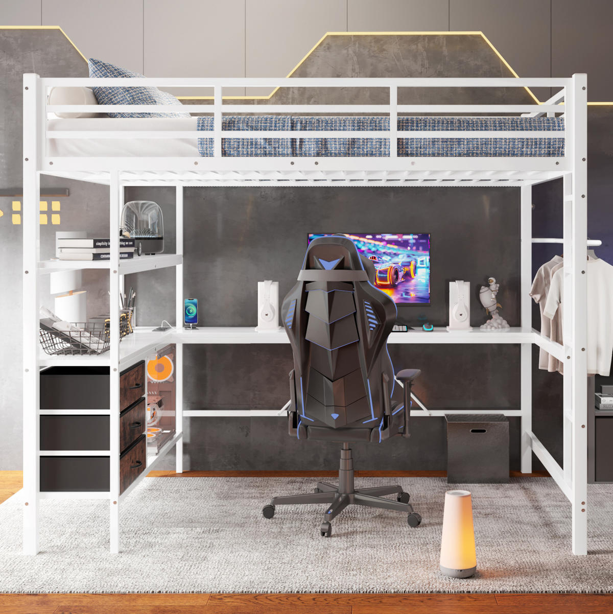 HOCHBETT 140/200 cm aus Metall/MDF mit Schreibtisch, LED-Beleuchtung und Stauraum Weiß - Weiß, Metall (140/200cm) - Modenvie