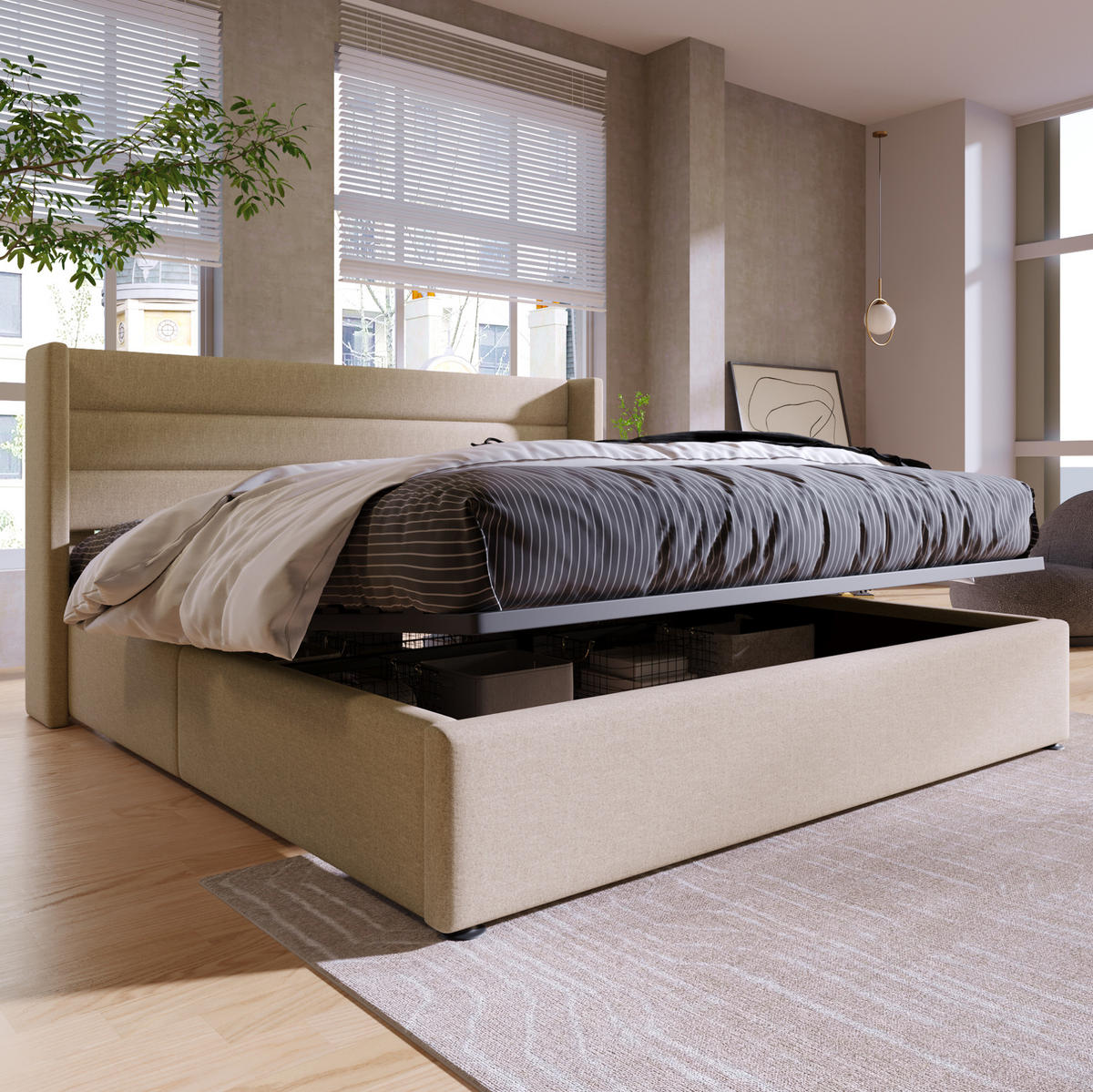 POLSTERBETT mit Bettkasten 140x200 cm Leinen Beige - Beige, Metall (140/200cm) - Beauniv