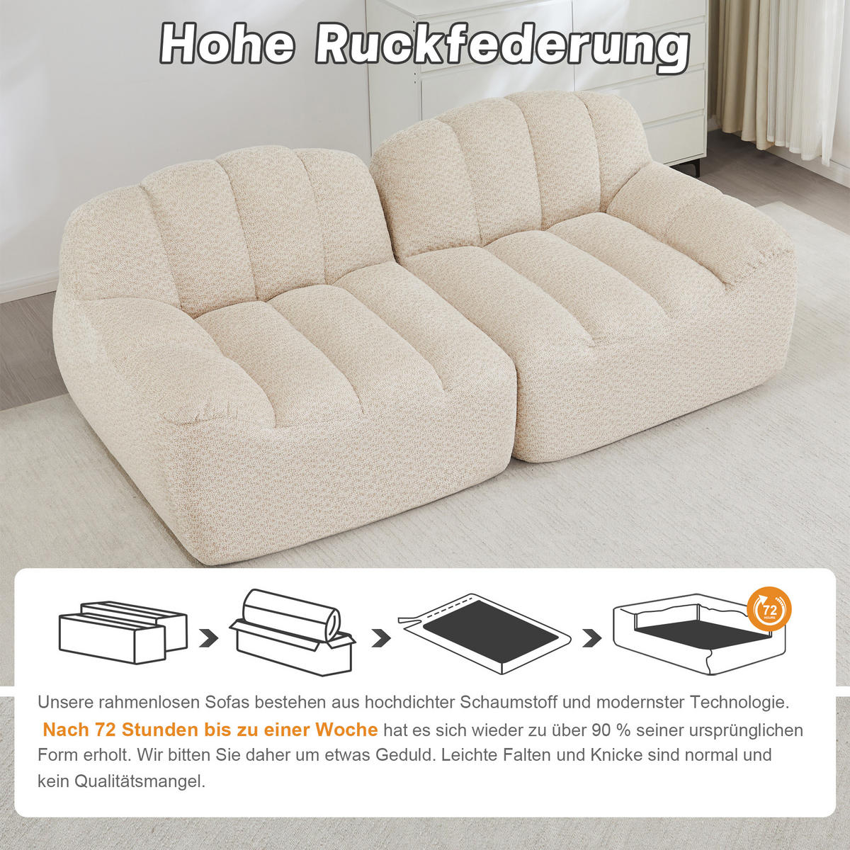 2-SITZER SOFA aus granuliertem Fleece, frameless in Muschelform ohne Montage - Creme, Textil (210/79/104cm) - Urban Meuble