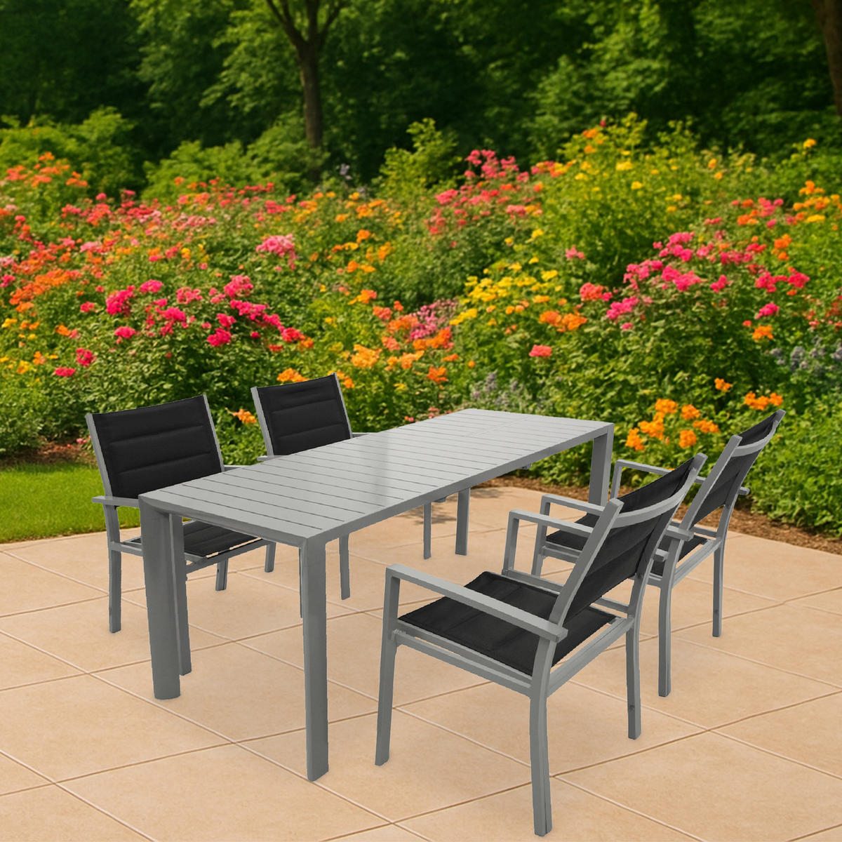 GARTEN-GARNITUR Ashford - 5-teilige Garten-Essgruppe (4x Sessel Aluminium silbergrau + Textilgewebe gepolstert schwarz Ausziehtisch - Grau, Metall - TPFGarden