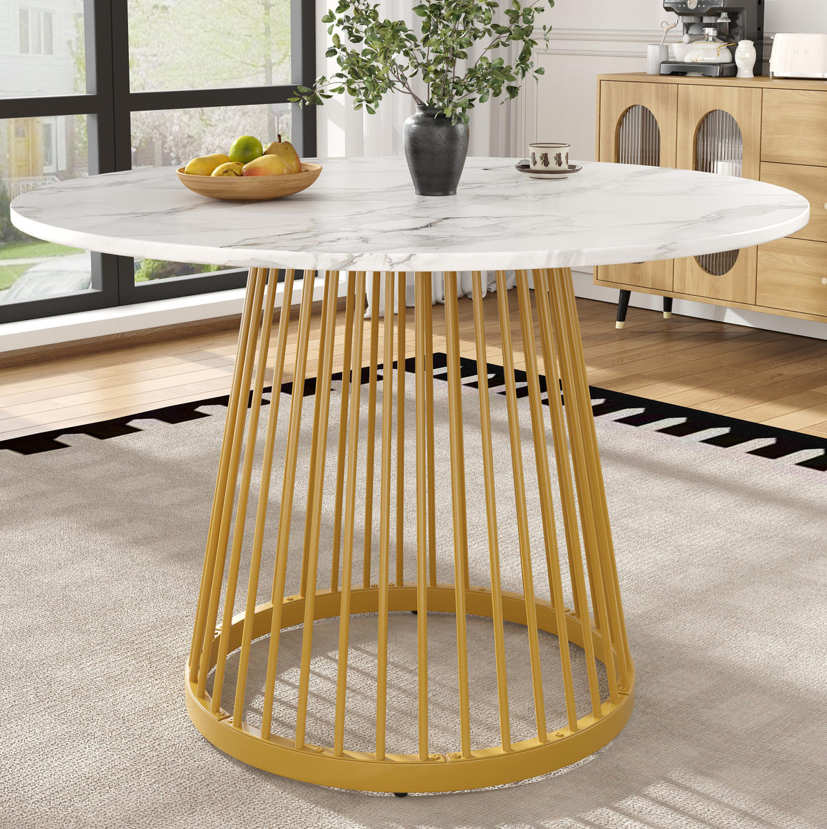 ESSTISCH 80/80/76 cm in Weiß mit Marmoroptik und goldfarbenem Metallgestell - Goldfarben, Holzwerkstoff (80/80/76cm) - Flora Grace
