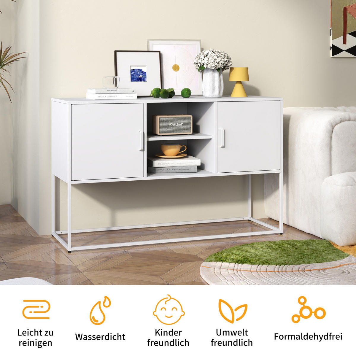 SIDEBOARD aus Metall 40x120x75 cm Weiß mit 6 Fächern, höhenverstellbaren Füßen und Kippschutz - Weiß, Metall (120/75/40cm) - Modfu