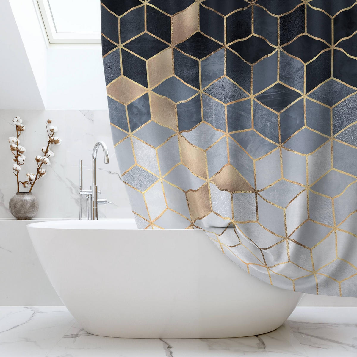 DUSCHVORHANG Blau Weiß goldene Geometrie 200/180 cm - Goldfarben, Textil (200/180cm) - Bilderwelten