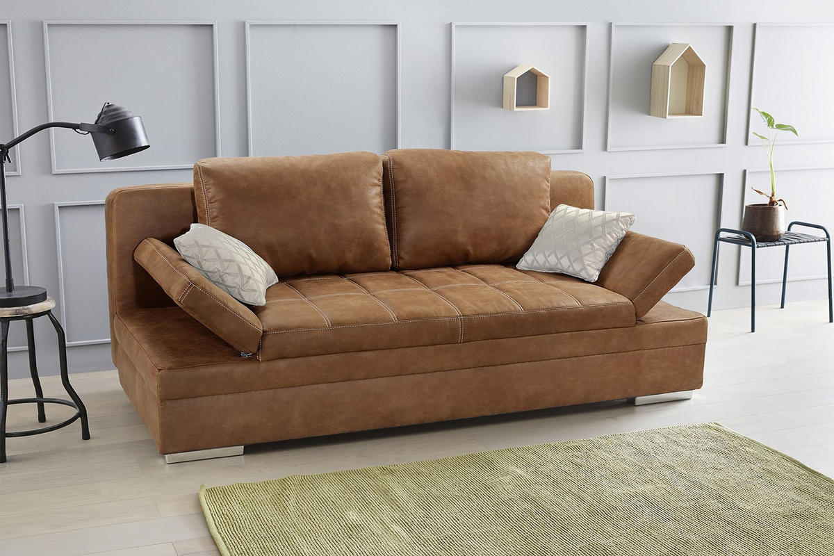 SCHLAFSOFA mit Bettkasten, Wellenfederung, Armlehnen verstellbar B200/T100/H84 cm, Liegefl.148x200 cm, Antikleder-Optik Mikrofaser Braun Curry / 15117 - Currygelb/Chromfarben, Textil/Metall (200/84/100cm) - luma-home
