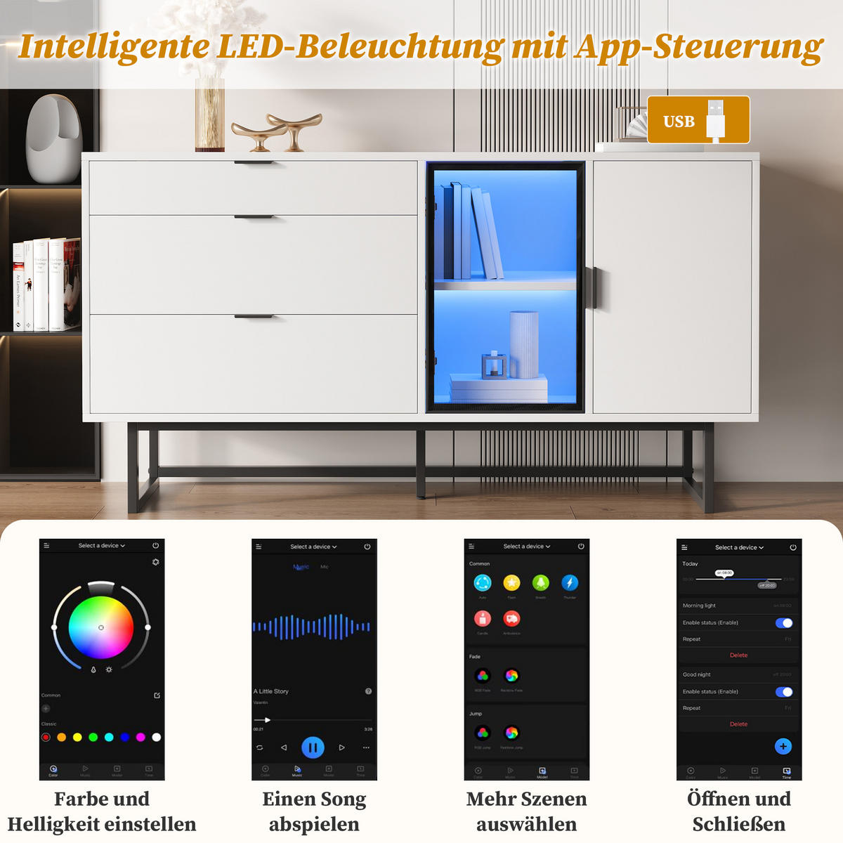 SIDEBOARD in Weiß Kommode mit 3 Schubladen, Glastüren und LED-Lichtleiste für Esszimmer und Wohnzimmer, B160T36/H78cm - Transparent/Schwarz, Holzwerkstoff/Metall (160/78/36cm) - STILVORA