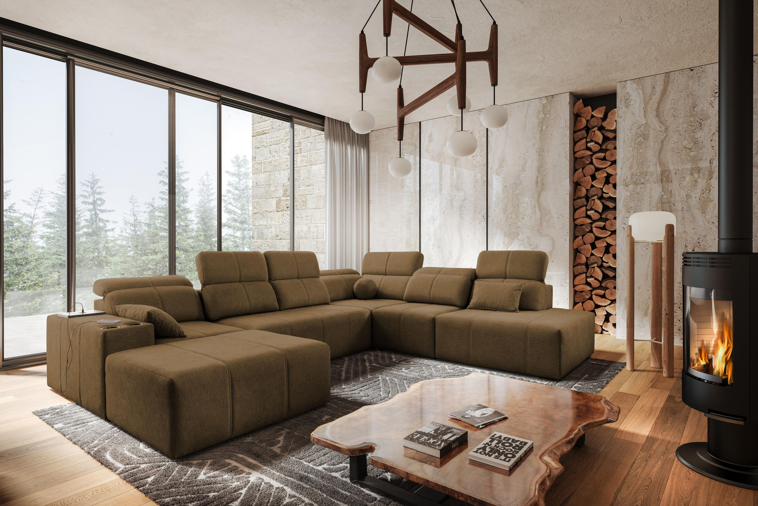 ECKSOFA Multifunktional Mindy X Stoff Verita Braun Links - Braun, Holz (300/359cm) - Kaiser Möbel