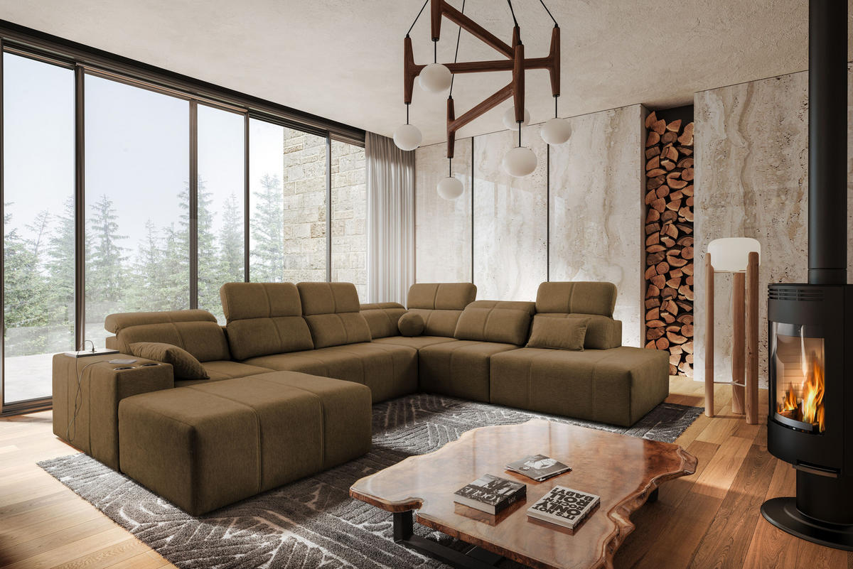 ECKSOFA Multifunktional Mindy X Stoff Verita Braun Links - Braun, Holz (300/359cm) - Kaiser Möbel