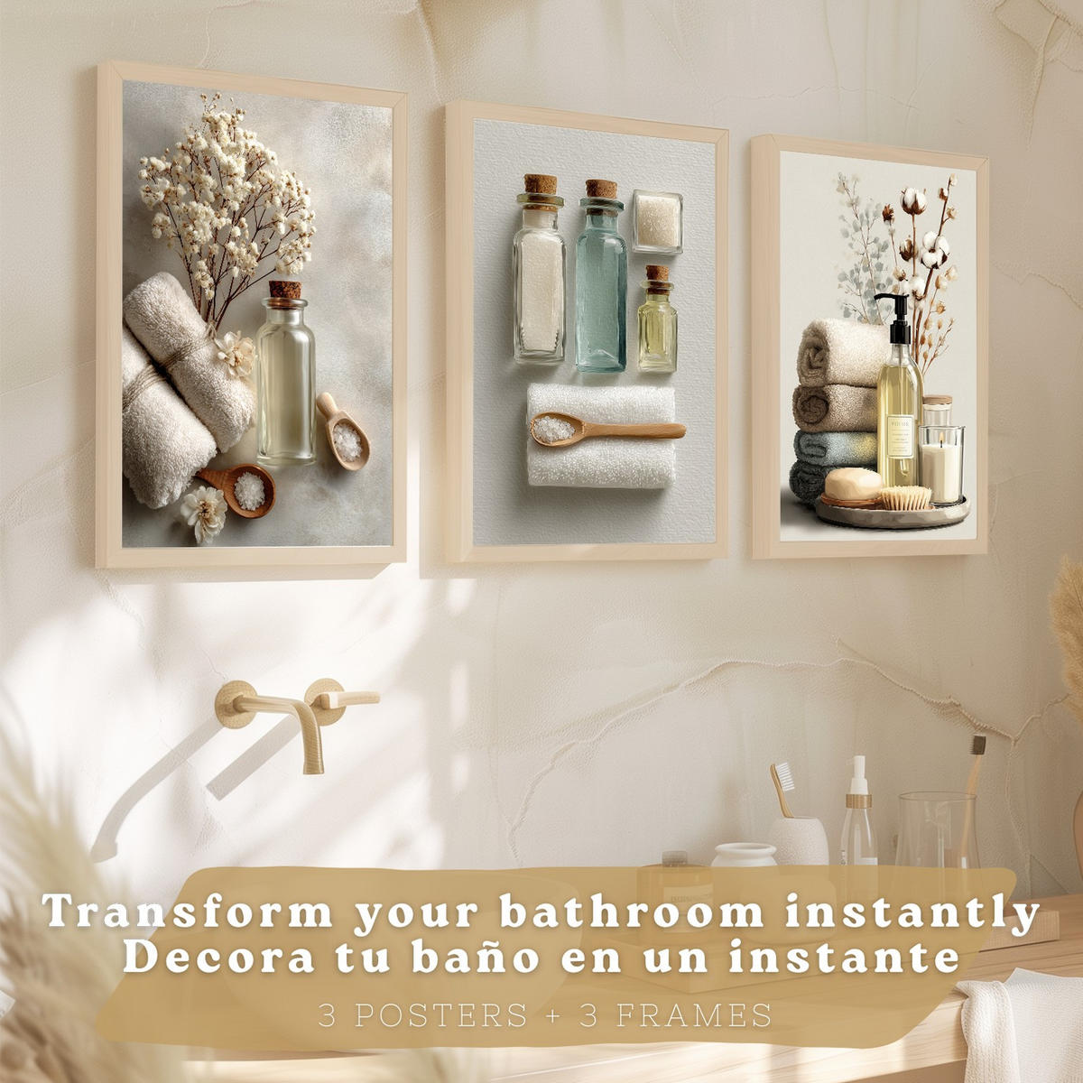 POSTER 3er-Set dekorative Badezimmer-Wandbilder und für Waschbecken, Dusche, WC mit Flaschen, Badesalz und Handtüchern, Leichter Holzrahmen A3 - Beige, Papier (42/29.7/3cm) - Nacnic