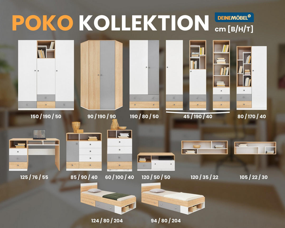 JUGENDZIMMER-SET POKO A 4-teilig in Biskuiteiche / Weiß Lux / Grau - Eichefarben/Weiß, Holzwerkstoff (230/190/55cm) - Deine Möbel 24
