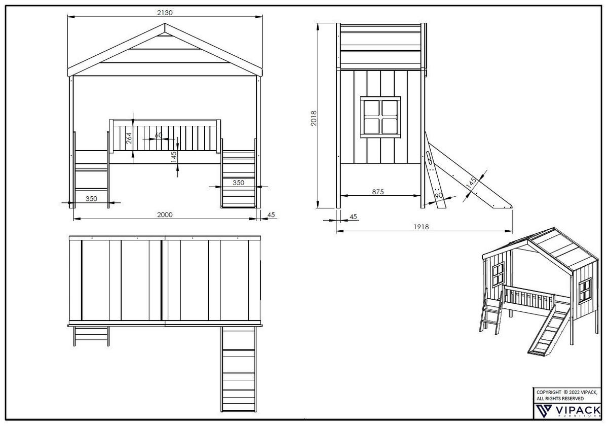 HAUSBETT mit Rutsche Kathye 213x202x192 aus Massivholz+MDF in Weiß - Weiß, Holz (90/200cm) - 58aufmkessel