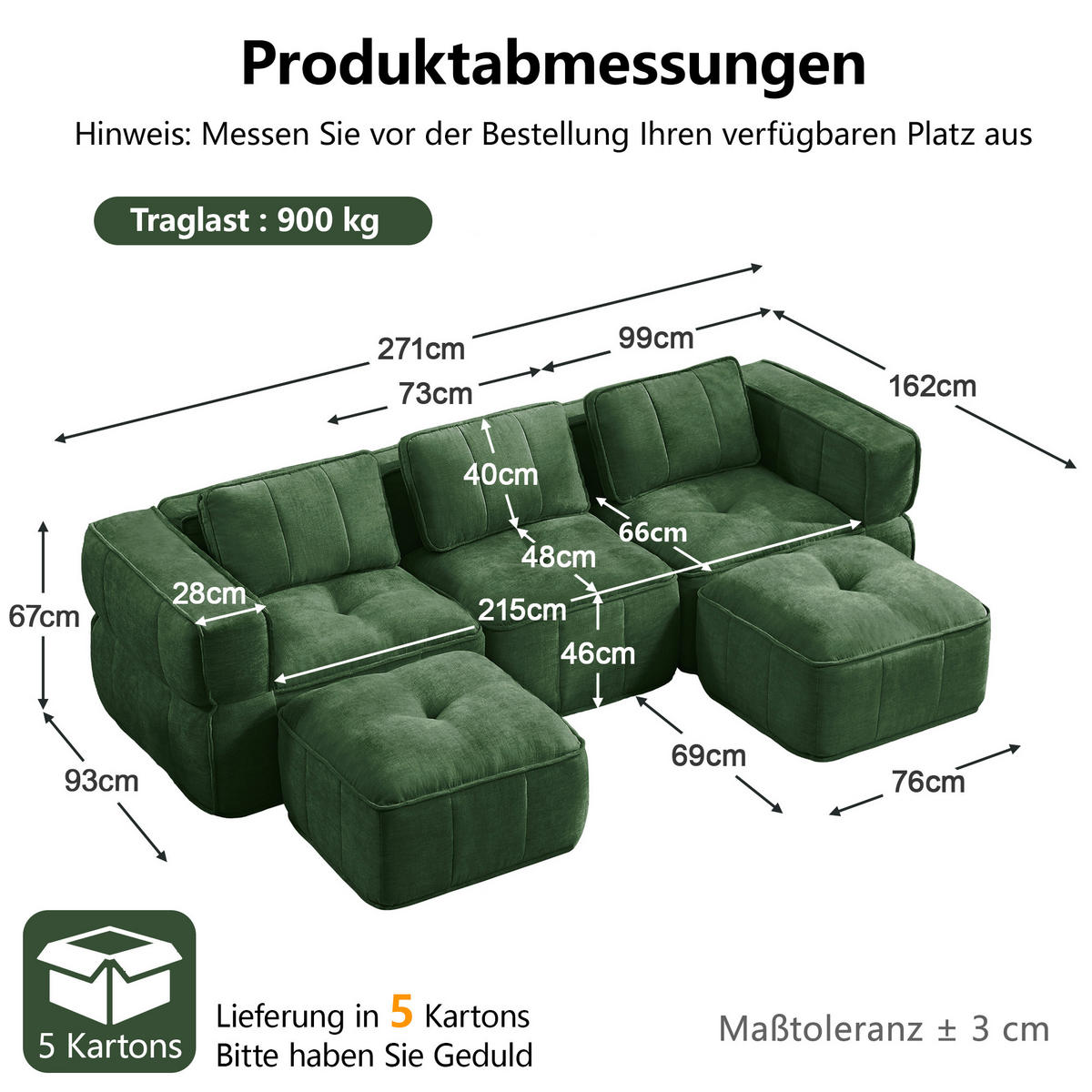 WOHNLANDSCHAFT DE-34428 U-Form mit 2 Hockern Grün - Grün, Textil (162/67/271cm) - ComfortXL
