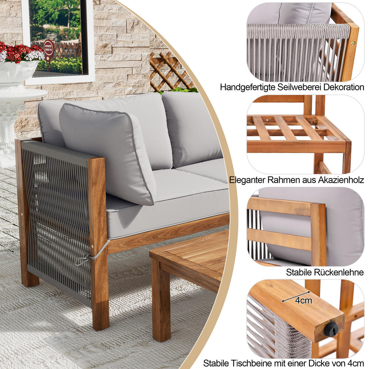 LOUNGESET 3-tlg. L-Form Grau Akazie Mit 2 Zweisitzern & Tisch - Grau, Holzwerkstoff - FLIEKS