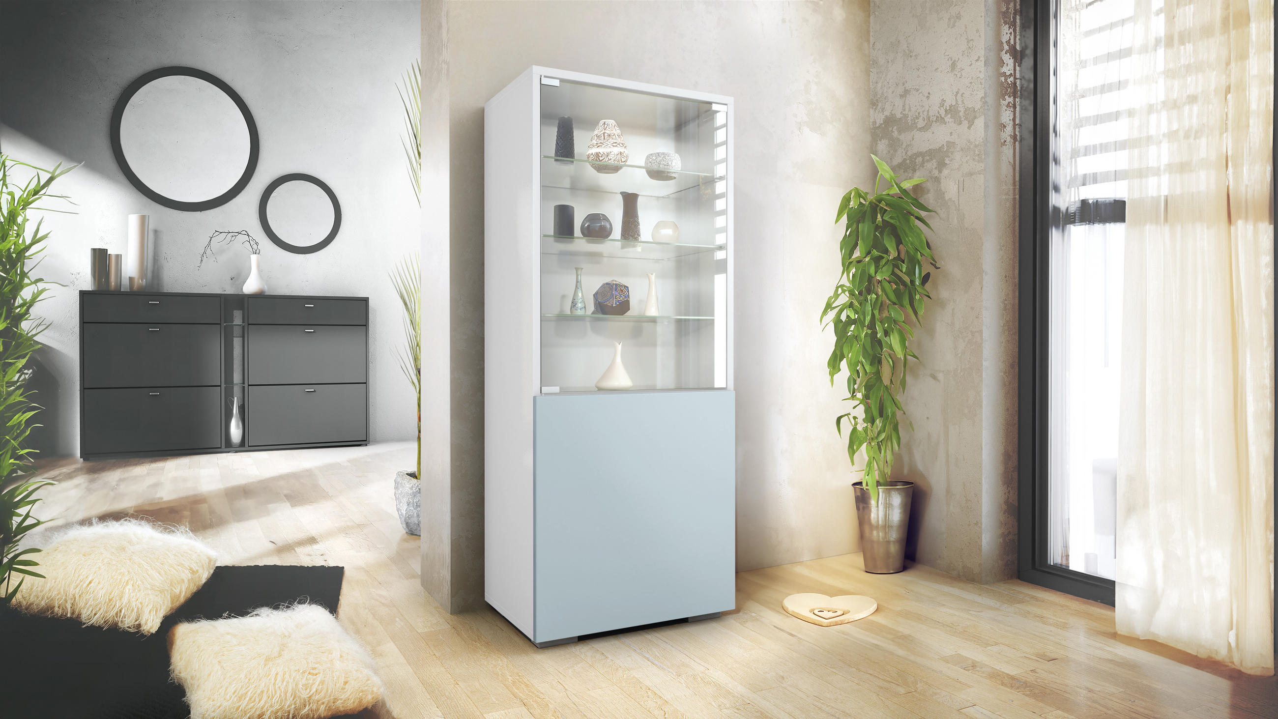 VITRINE Granada Denim matt - Pastellblau, Holzwerkstoff (50/122.5/34.5cm) - Vladon