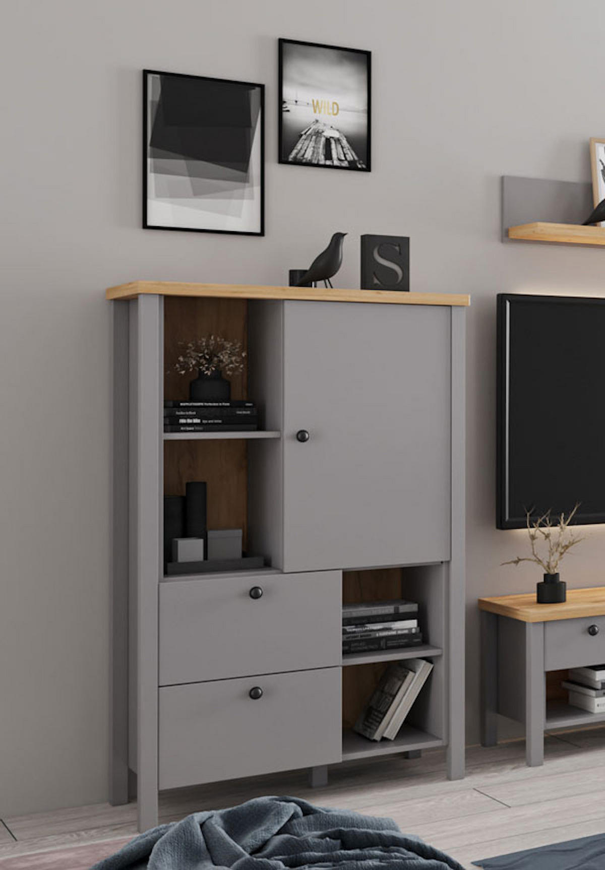 HIGHBOARD Melini schiefergrau / Eiche Delano hell 85 / 38 / 139 cm - Grau, Holz/Holzwerkstoff (85/139/38cm) - Feldmann-Wohnen