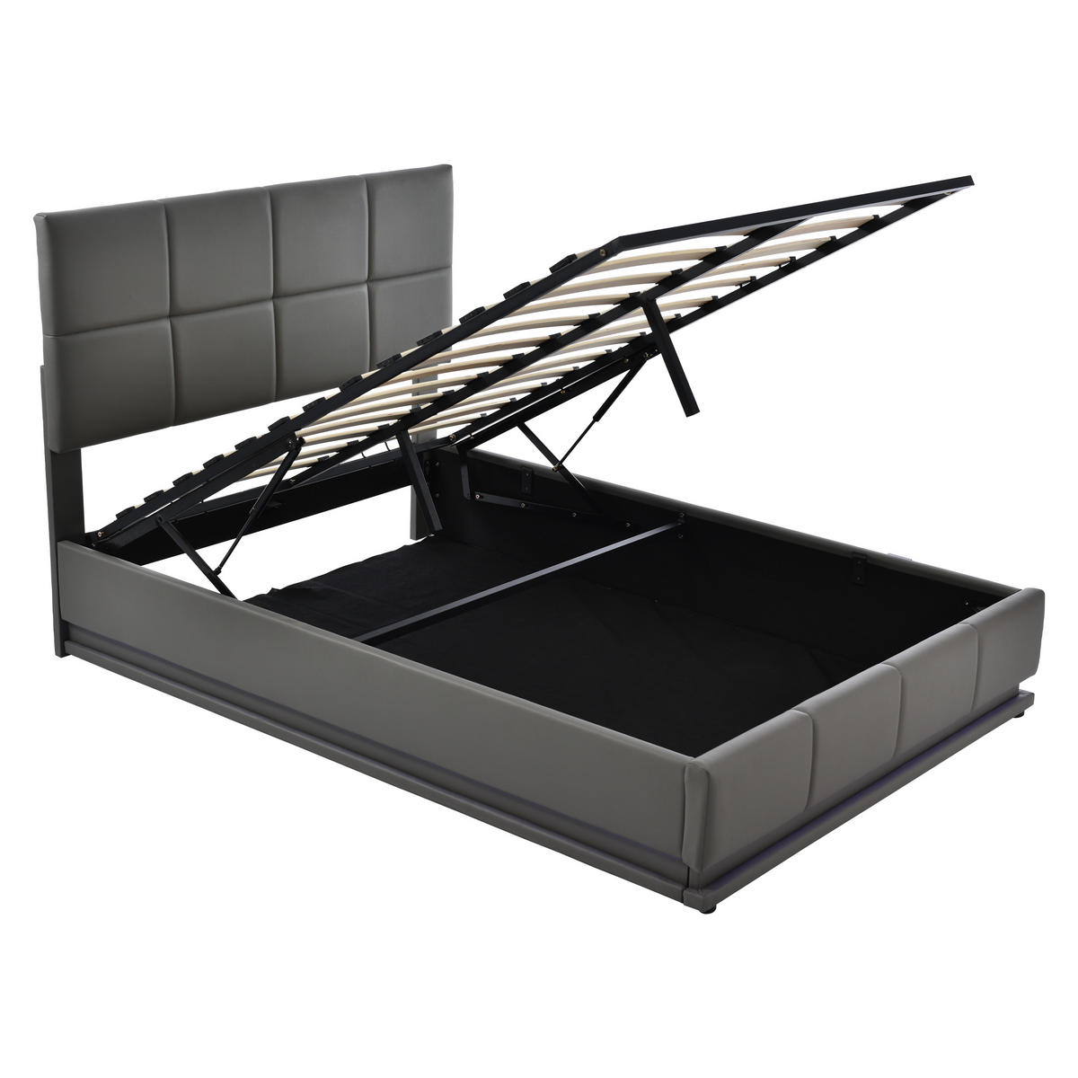 POLSTERBETT 140/200 cm grau mit LED-Beleuchtung und hydraulischem Bettkasten - Grau, Textil (140/200cm) - OKWISH