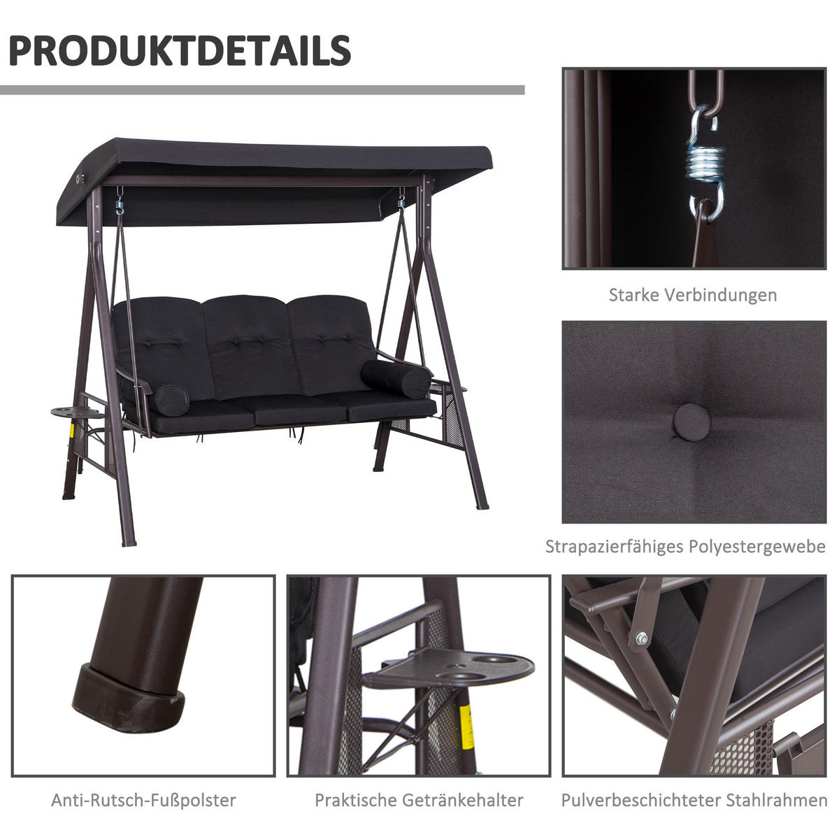 HOLLYWOODSCHAUKEL, Metall, Polyester, Schwarz, 116 x 206 x 183 cm - Schwarz, Metall (206/183/116cm) - Outsunny