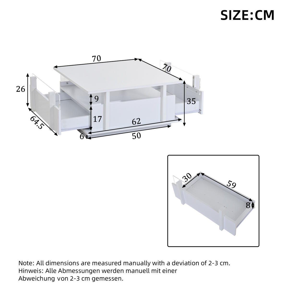 COUCHTISCH aus Spanplatte 70x70x35 cm Weiß mit 2 Schubladen, LED-Beleuchtung und Acryl-Trennelementen - Weiß, Holzwerkstoff (70/70/35cm) - IVMEU