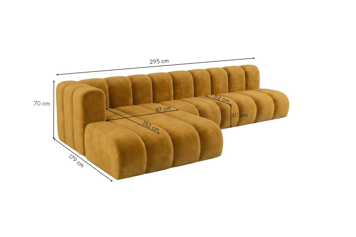ECKSOFA Modulares In L-Form, Velvet-Stoff Riviera, Senffarbe, Links, GRAND 295 cm - Gelb, Holz (295/179cm) - Kaiser Möbel