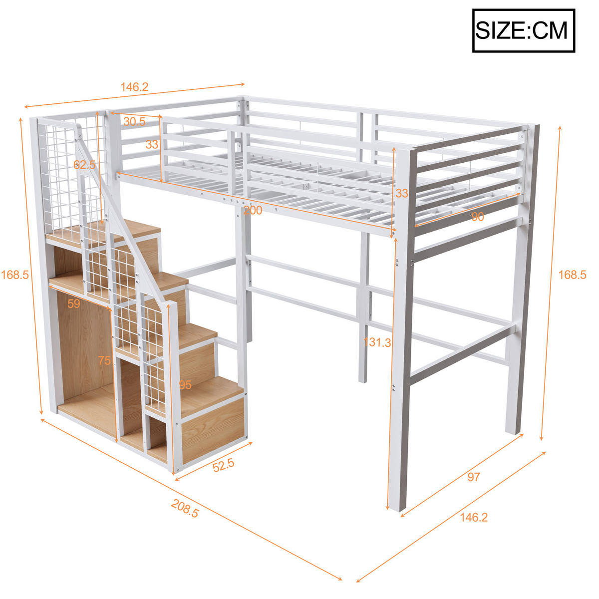 HOCHBETT aus Metall 90x200 cm in Weiß mit Treppe & Stauraum - Weiß, Metall (90/200cm) - Modfu