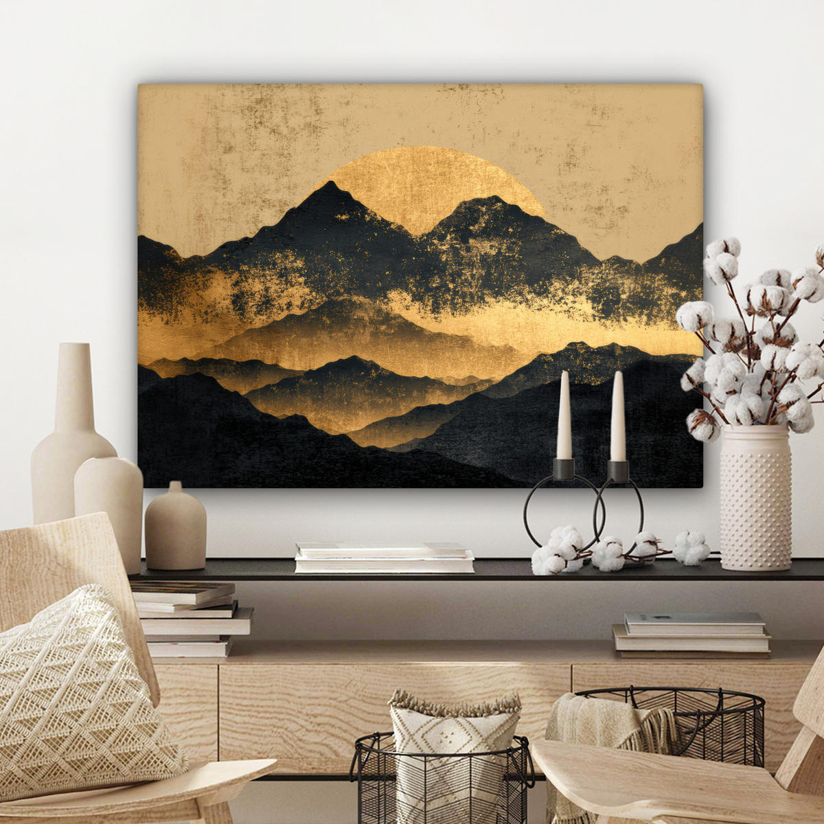 LEINWANDBILD Goldene Berge bei Mondschein Wandbilder 80x60 cm - Goldfarben, Textil (80/60cm) - MuchoWow