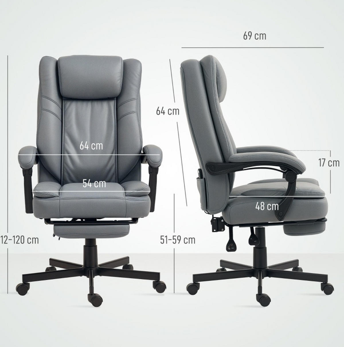 BÜROSTUHL in Grau 64x69x120 cm mit Massagefunktion, verstellbarer Rückenlehne und Fußstütze - Grau, Textil (69/120/64cm) - IVMEU