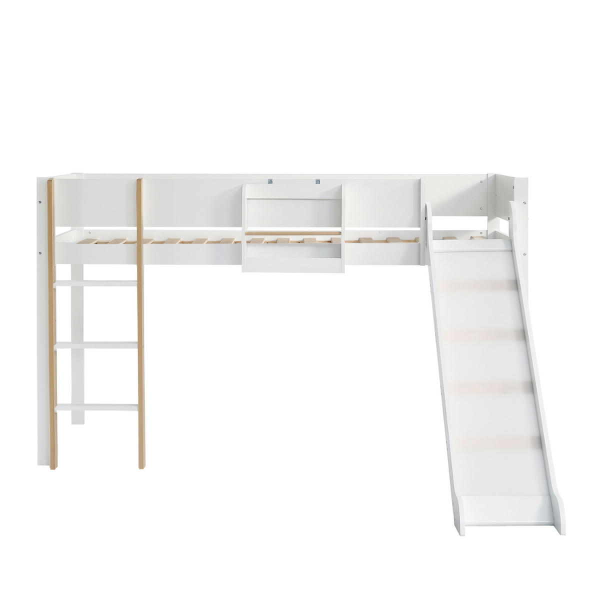 HOCHBETT aus Kiefer und MDF 90x200 cm Weiß/Natur mit Rutsche, gerader Leiter und abnehmbarem Regal - Weiß, Holzwerkstoff (90/200cm) - Modfu
