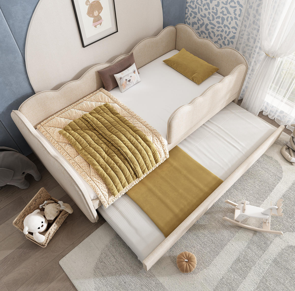 TAGESBETT mit Ausziehbett 90/190 cm, Beige, Leinen - Beige, Textil (90/190cm) - MIVRAY