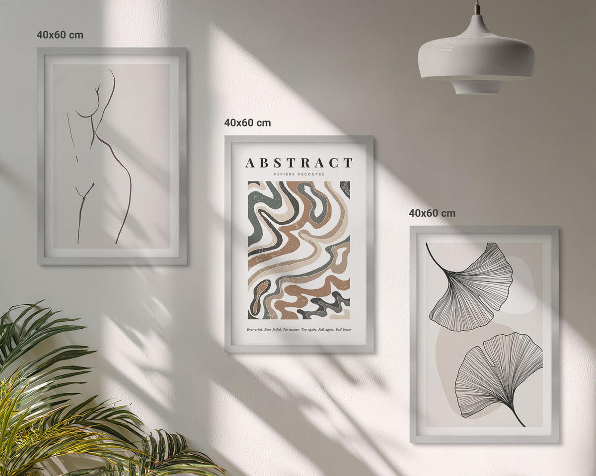 WANDBILDER 3er Set - 40x60 cm Silberner Rahmen - Abstrakte Boho-Musterformen - Silberfarben, Kunststoff (40/60cm) - ArtPrintCave