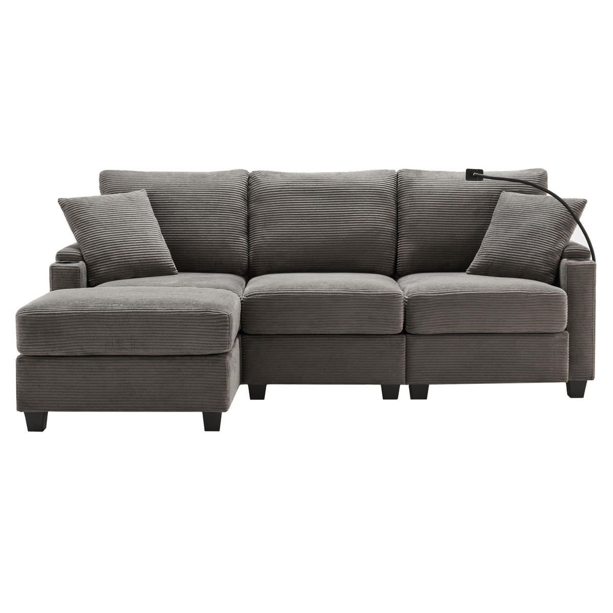 ECKSOFA 213,5/139/87 cm dunkelgrau aus Cord mit Hocker und USB - Dunkelgrau, Textil (139/213.5cm) - OKWISH