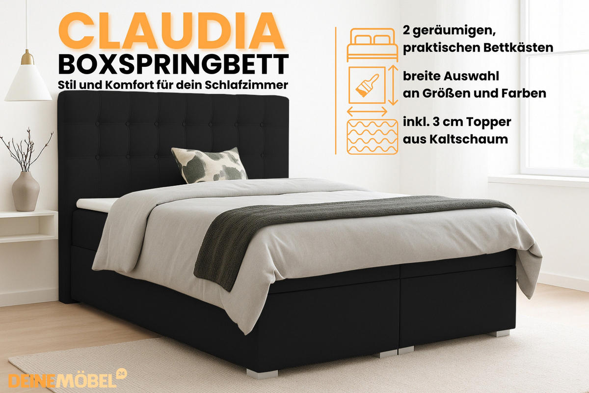 BOXBETT CLAUDIA 120x200 Velour Schwarz mit Bonell-Federkernmatratzen H3 - Schwarz, Holzwerkstoff (120/200cm) - Deine Möbel 24