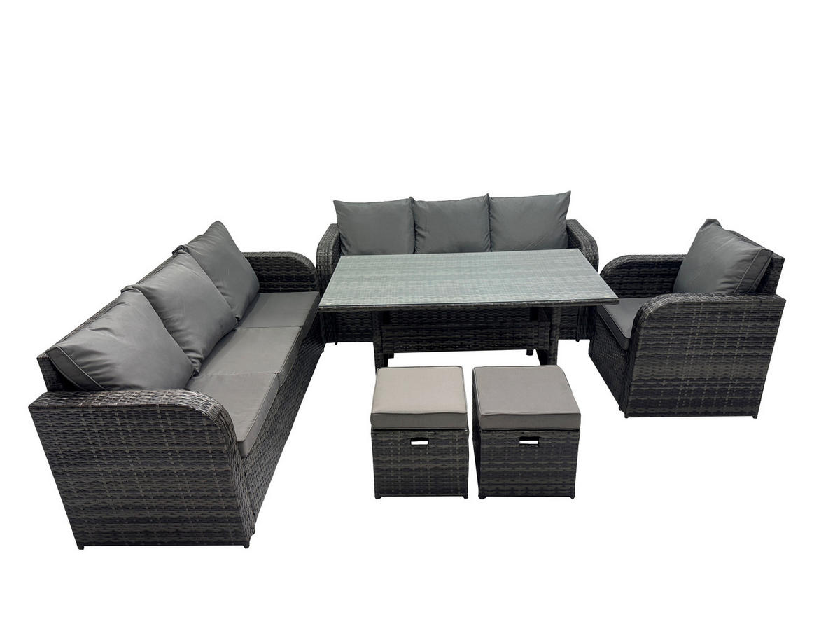 GARTENGARNITUR mit Liegestuhl,3-Sitzer Sofa,2 Hockern Polyrattan Dunkelgrau 9-Sitzer - Dunkelgrau/Grau, Glas/Kunststoff - Fimous