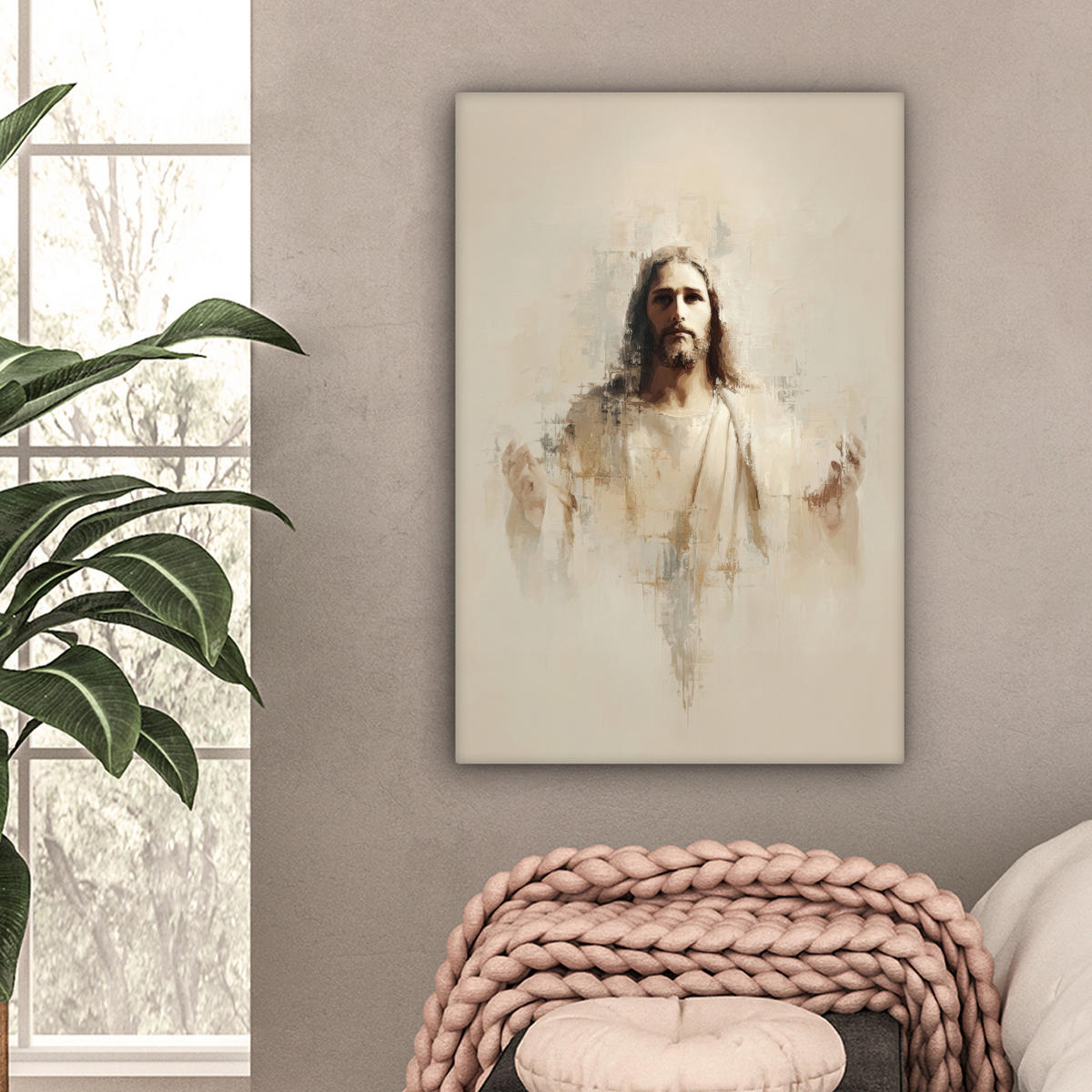 LEINWANDBILD Porträt - Abstrakt - Jesus - Beige Wanddeko 40x60 cm - Beige, Textil (40/60cm) - MuchoWow