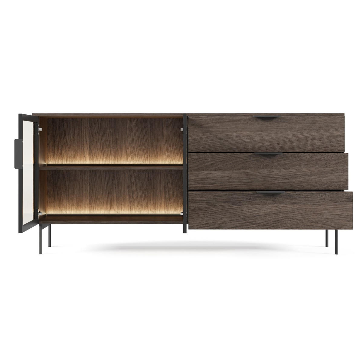 SIDEBOARD Lumi 2-türig mit Glasfronten Eiche Dunin 181 cm - Dunkelbraun/Schwarz, Holzwerkstoff/Metall (181.3/82.6/39.3cm) - Selsey