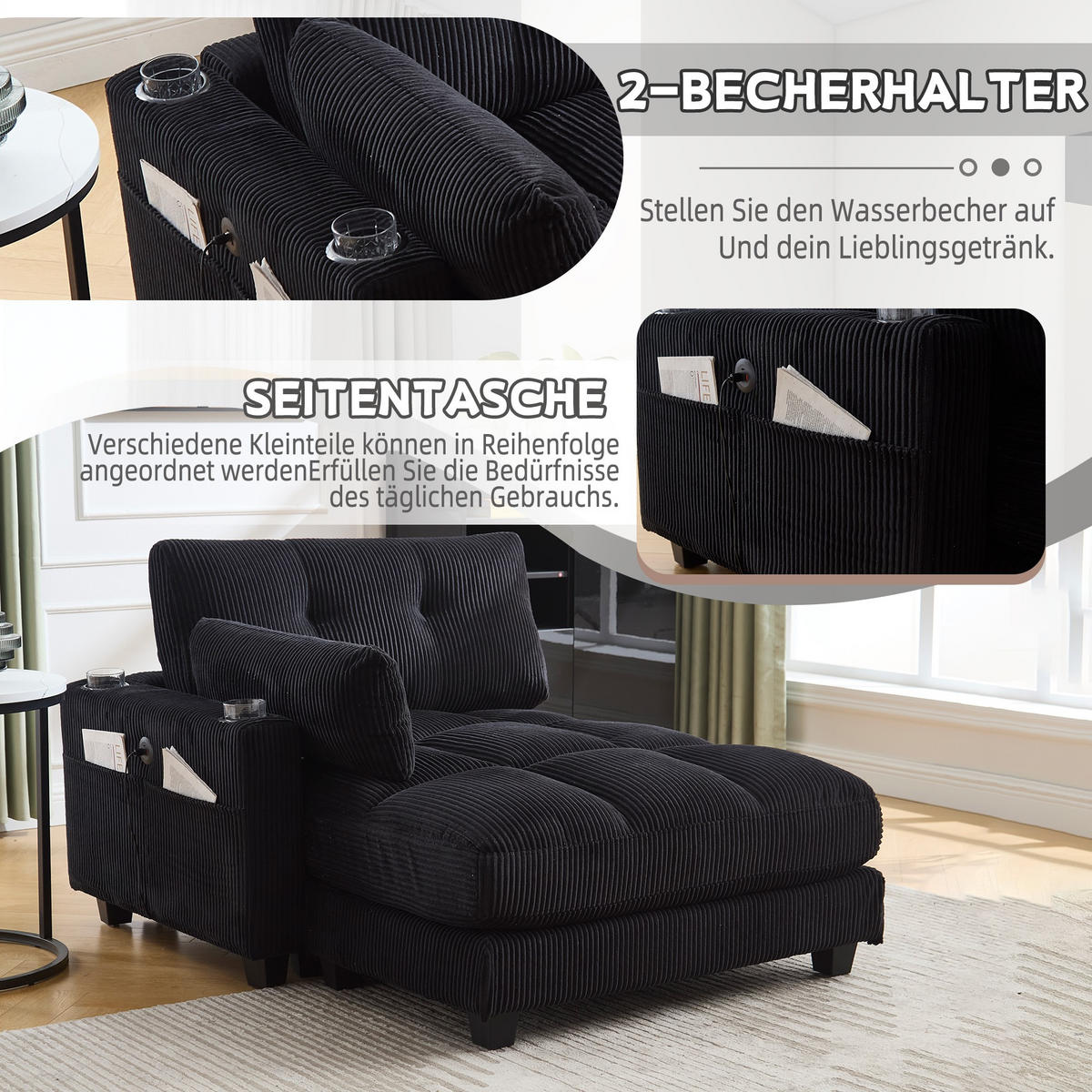 CHAISELONGUE Polsterliege,Ottomane,Sofa,Cordstoff,Schwarz - Schwarz, Textil (112/81/140cm) - LVHOM