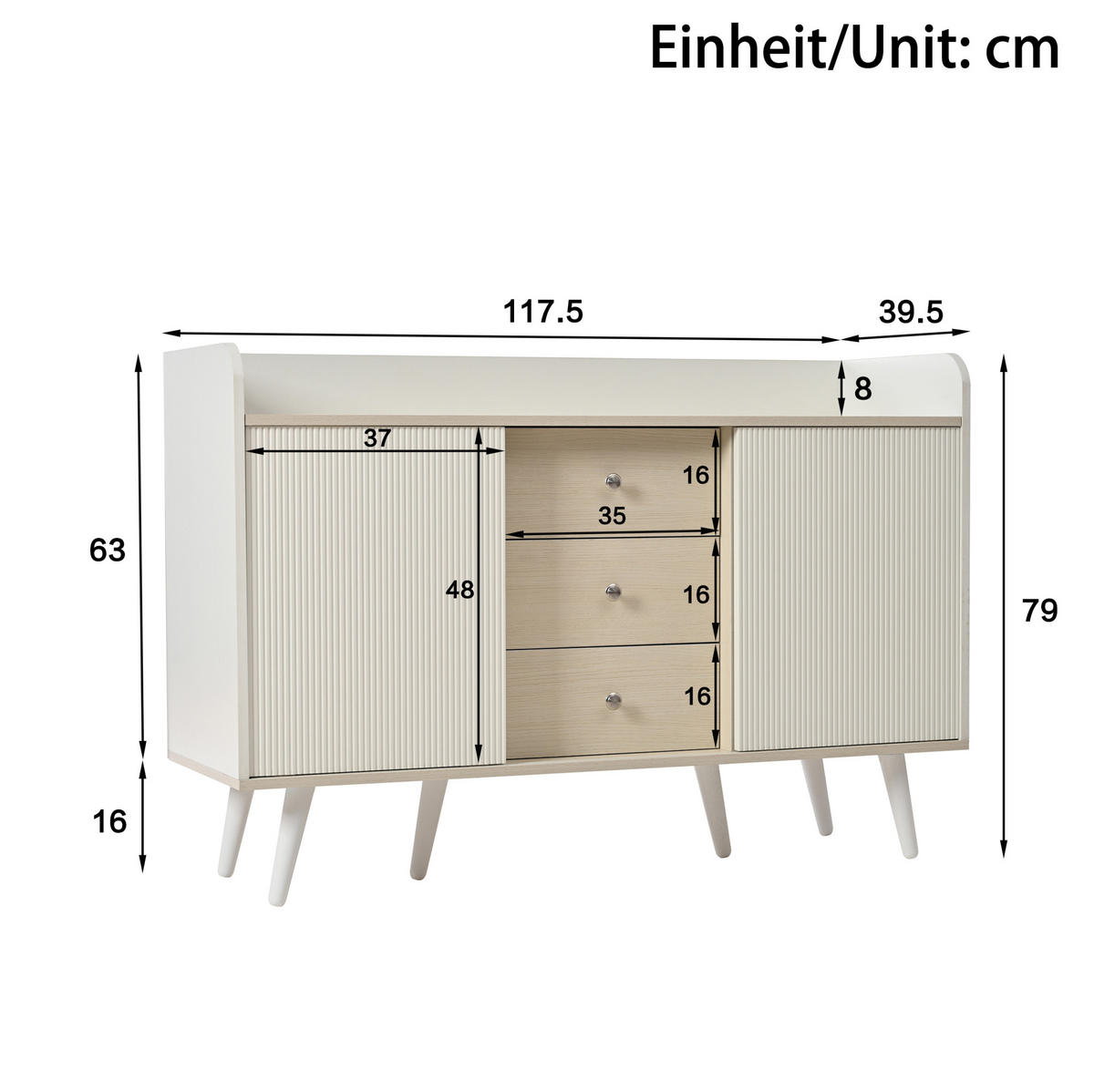 KOMMODE aus MDF 117,5x39,5x79cm in Weiß & Holzoptik mit Schiebetüren - Weiß, Holzwerkstoff (117.5/79/39.5cm) - Modfu