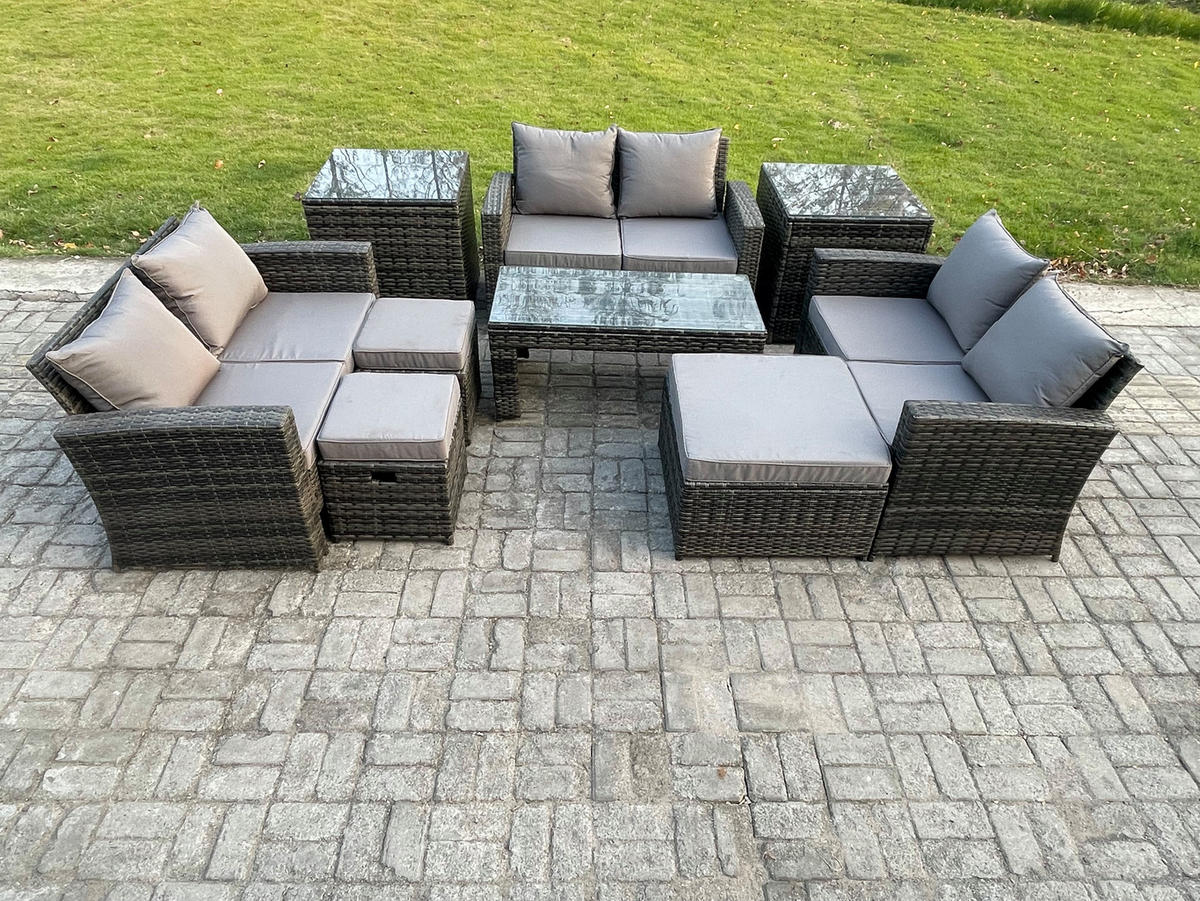GARTENGARNITUR Polyrattan Dunkelgrau 9-Sitzer - Dunkelgrau, Metall - Fimous