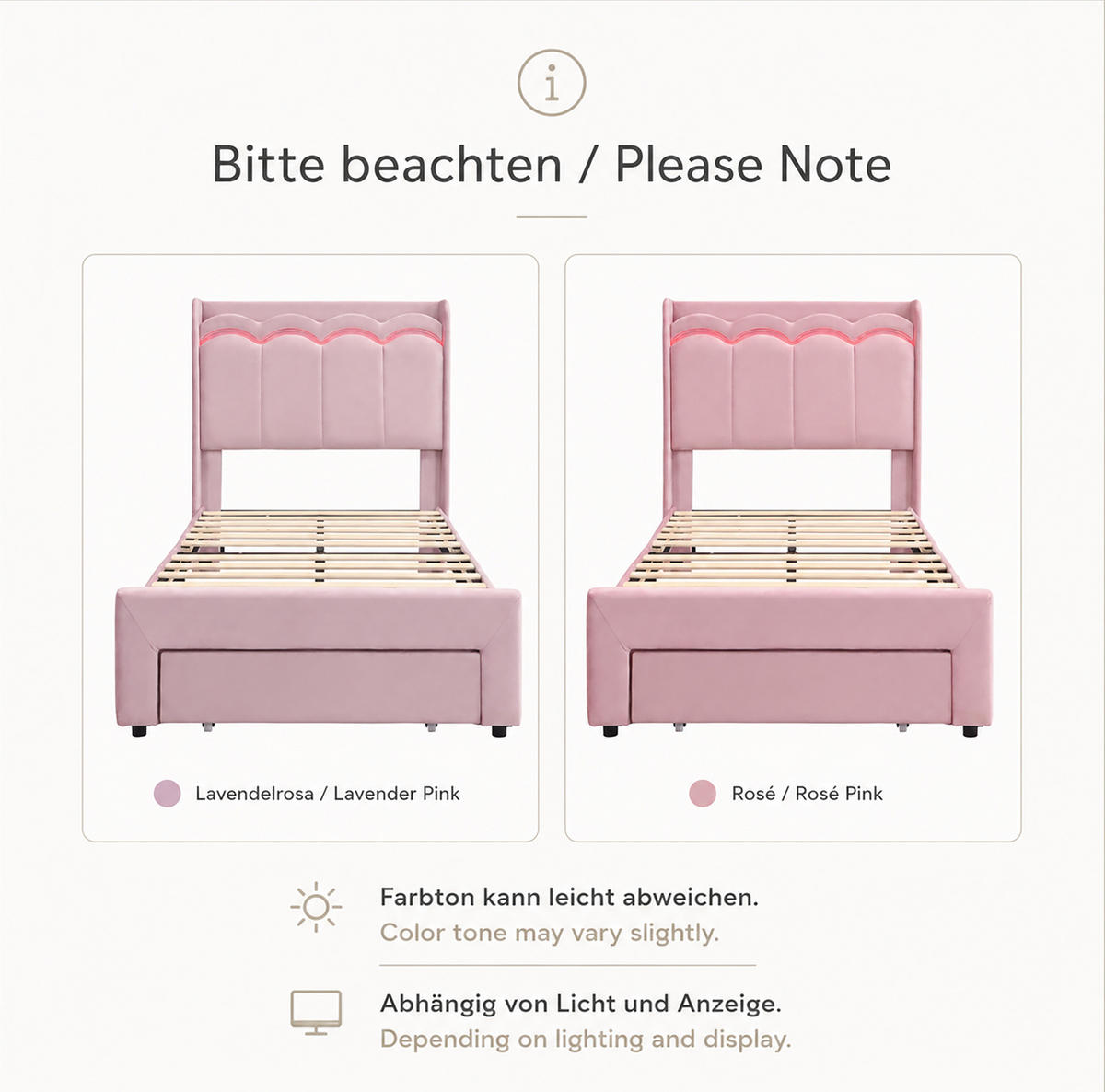 KINDER-POLSTERBETT aus Samt 90x200 cm Rosa mit Stauraumschublade und App-gesteuerter LED-Beleuchtung - Pink, Textil (90/200cm) - Modfu