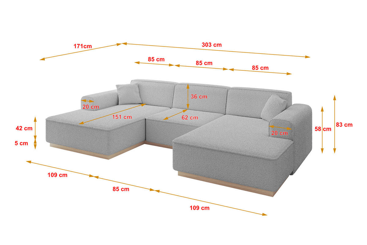 WOHNLANDSCHAFT IREA-U1 - 303x171x83 cm Hellgrau - Hellgrau, Holzwerkstoff/Textil (303/83/171cm) - ALTDECOR