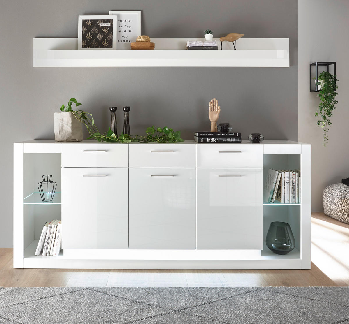 SIDEBOARD weiß Hochglanz 200 cm, große Anrichte mit viel Stauraum - Weiß Hochglanz/Silberfarben, Glas/Holzwerkstoff (198/83/43cm) - Furn.Design