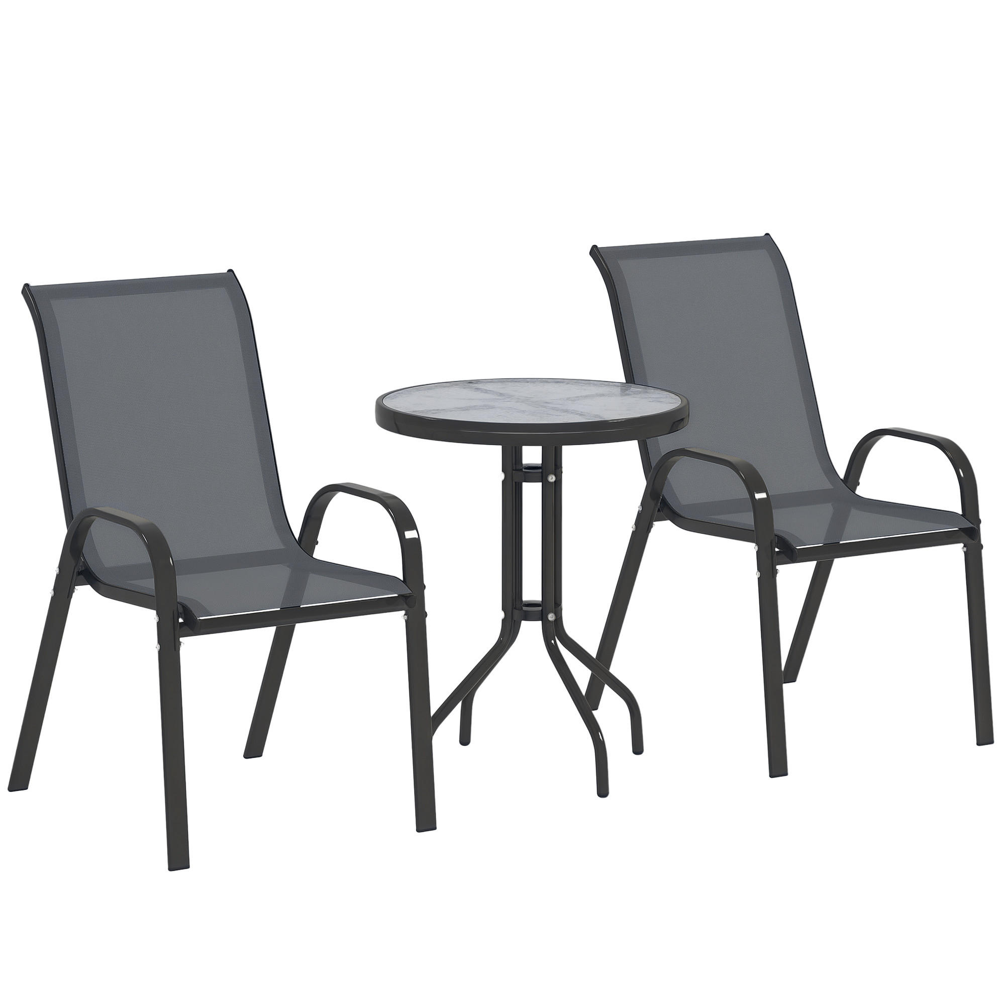 BISTRO-SET DE-07314 3-teilig mit Glastisch und stapelbaren Stühlen Dunkelgrau - Dunkelgrau, Glas/Metall - ComfortXL