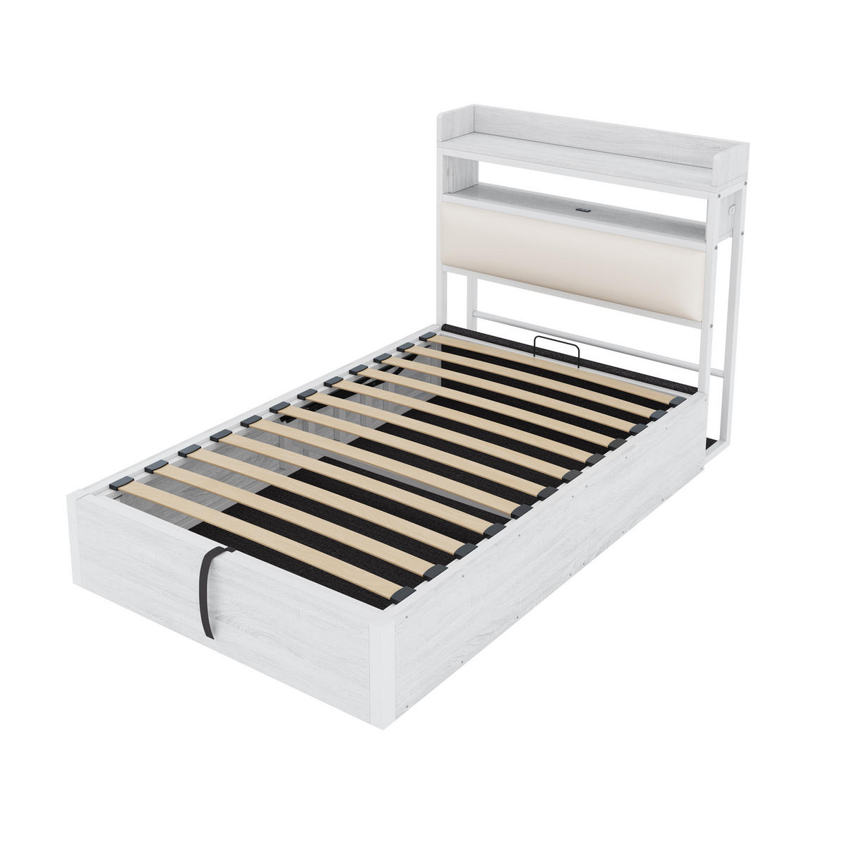 POLSTERBETT 90/200 cm weiß aus Metall und Holz mit Stauraum und USB - Weiß, Metall (90/200cm) - OKWISH