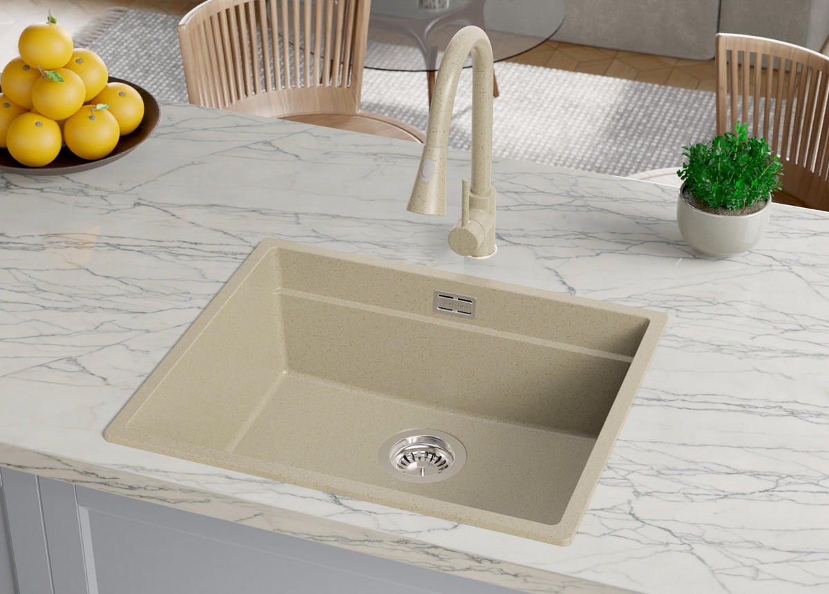 GRANITSPÜLE Praga Slim, 2-er set Beige 56/47 cm 1 Becken + Küchenarmatur 40/20 cm + Ablauf-Set + Aufrollbare Abtropffläche ab 60er Unterschrank - Chromfarben/Beige, Kunststoff (56/20/47cm) - Primagran