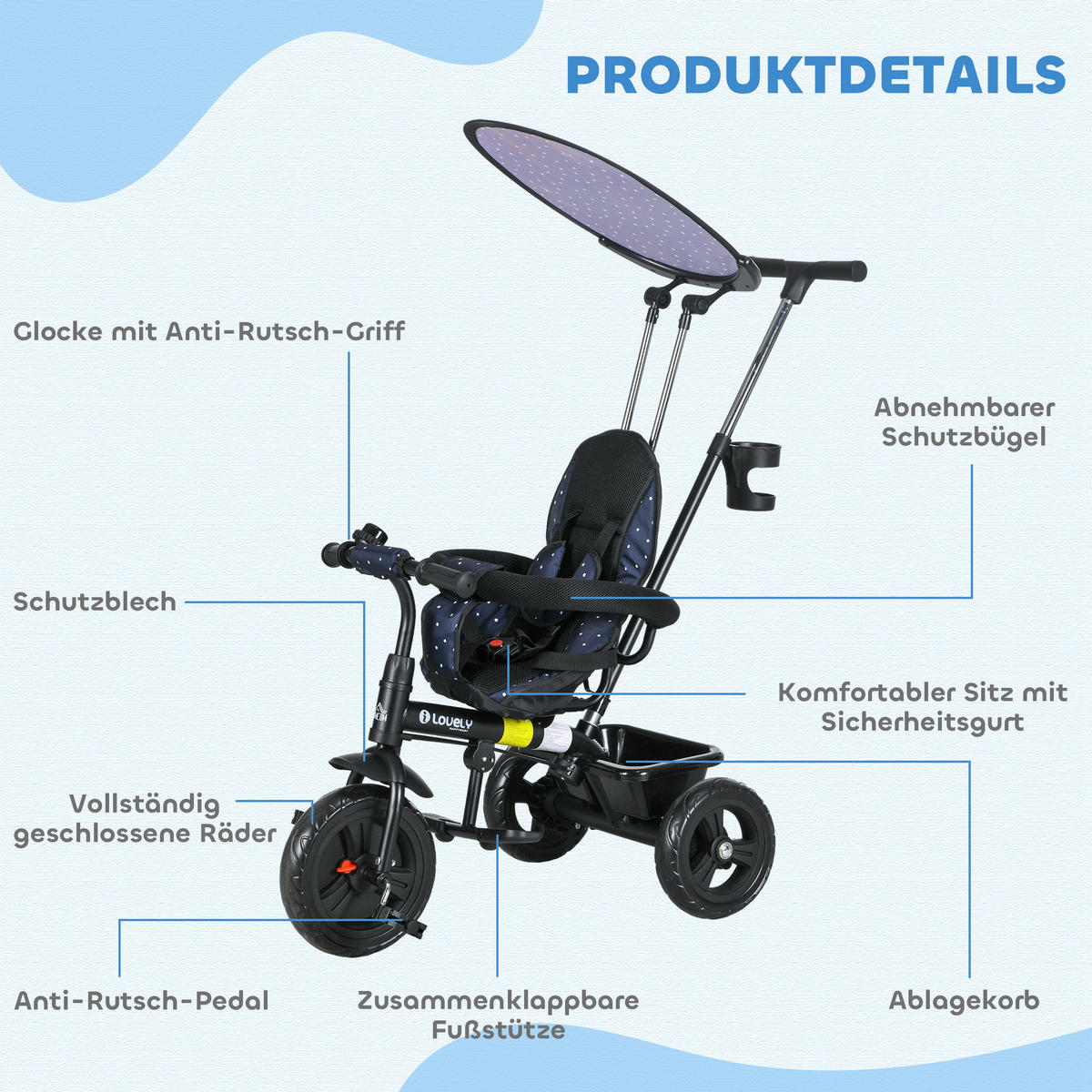 KINDERDREIRAD - Blau, Metall (105/47/98cm) - HOMCOM