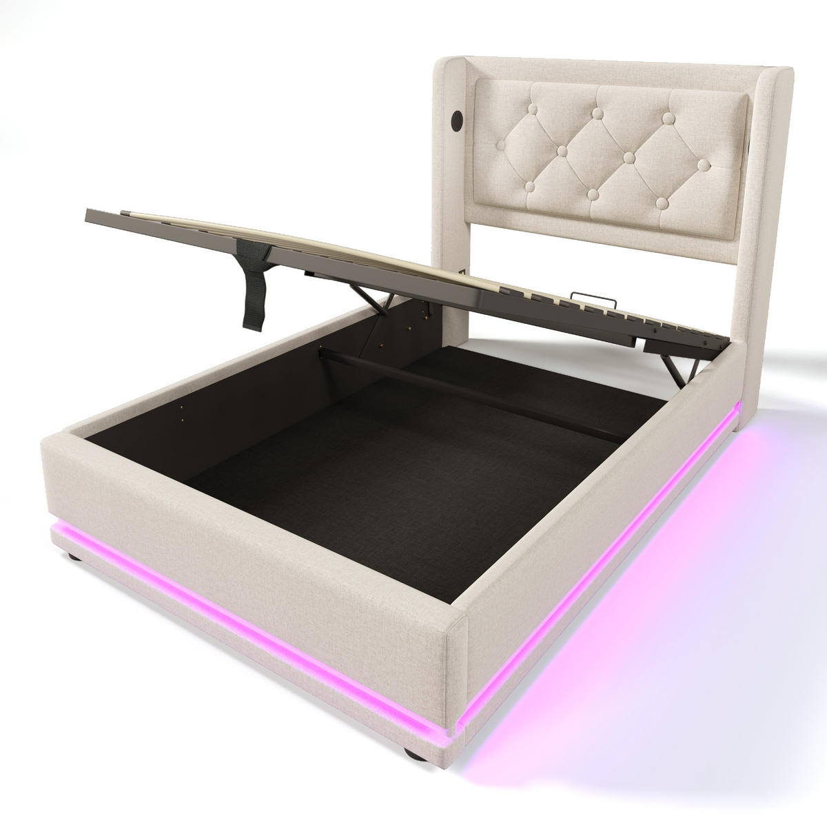 POLSTERBETT 90/200 cm Beige mit hydraulischem Stauraum und USB-Typ-C-Anschluss - Beige, Textil (90/200cm) - OKWISH