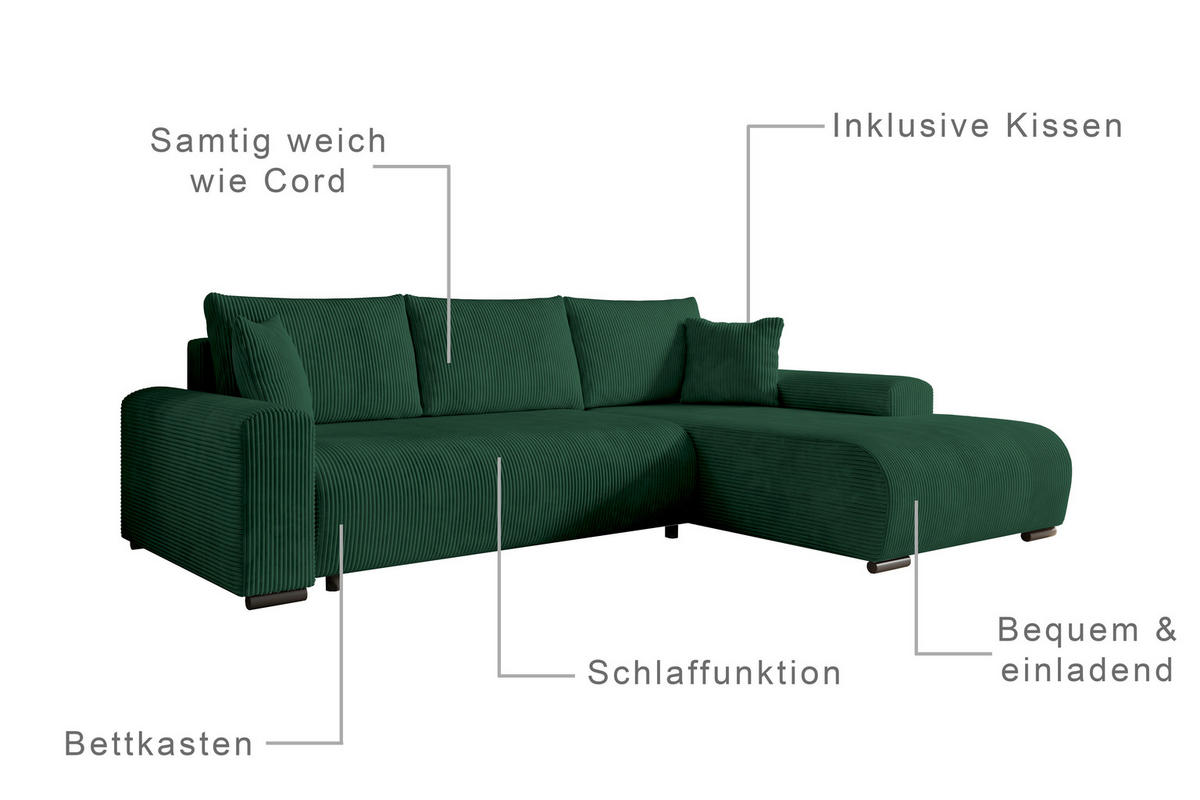 ECKSOFA Nelly mit Bettkasten und Schlaffunktion, Cordstoff in L-Form - Grün, Textil (270/185cm)