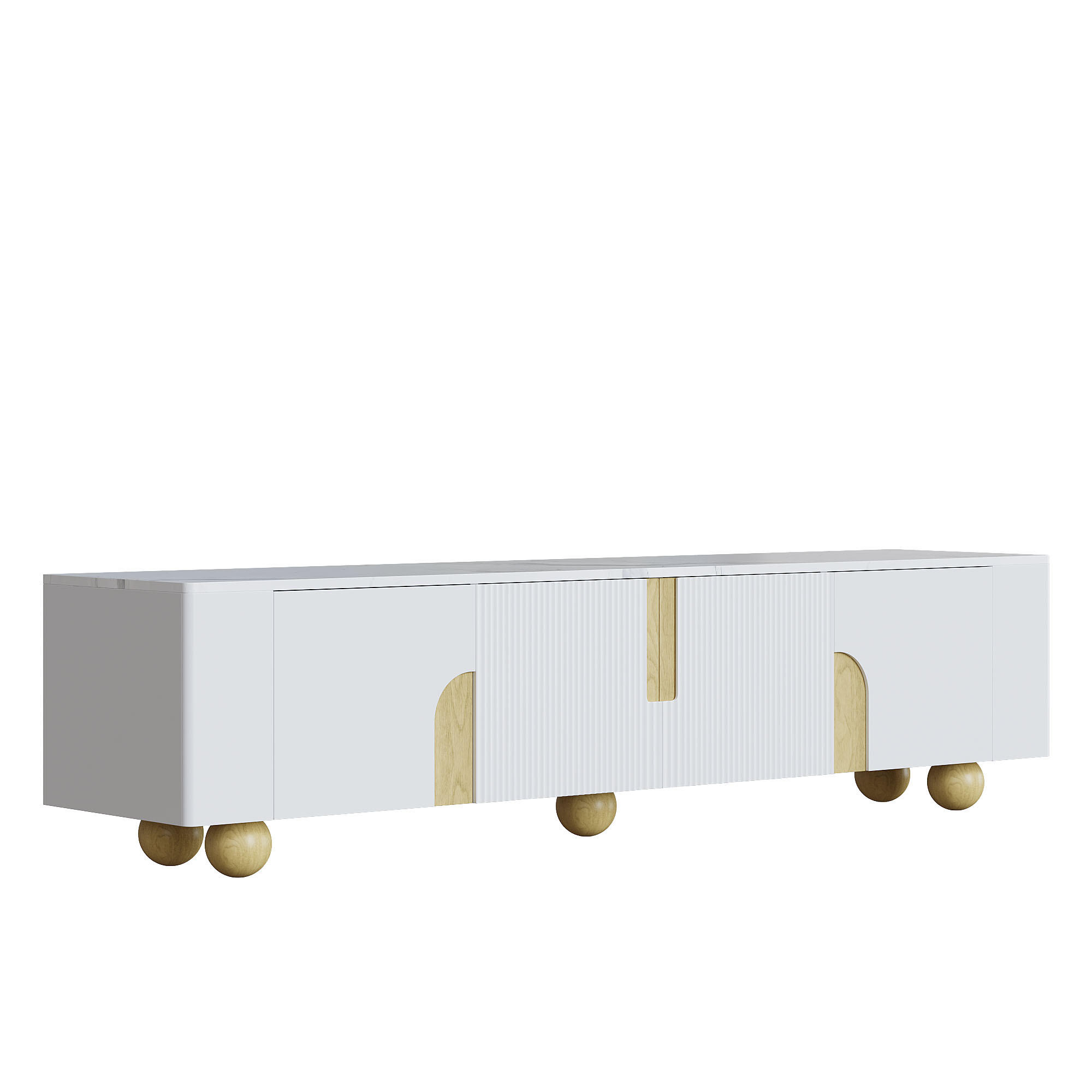 TV Lowboard 180 cm, 4 Türen, Marmoroptik, Kugelfüße, Weiß - Weiß, Holz (180/44/40cm)