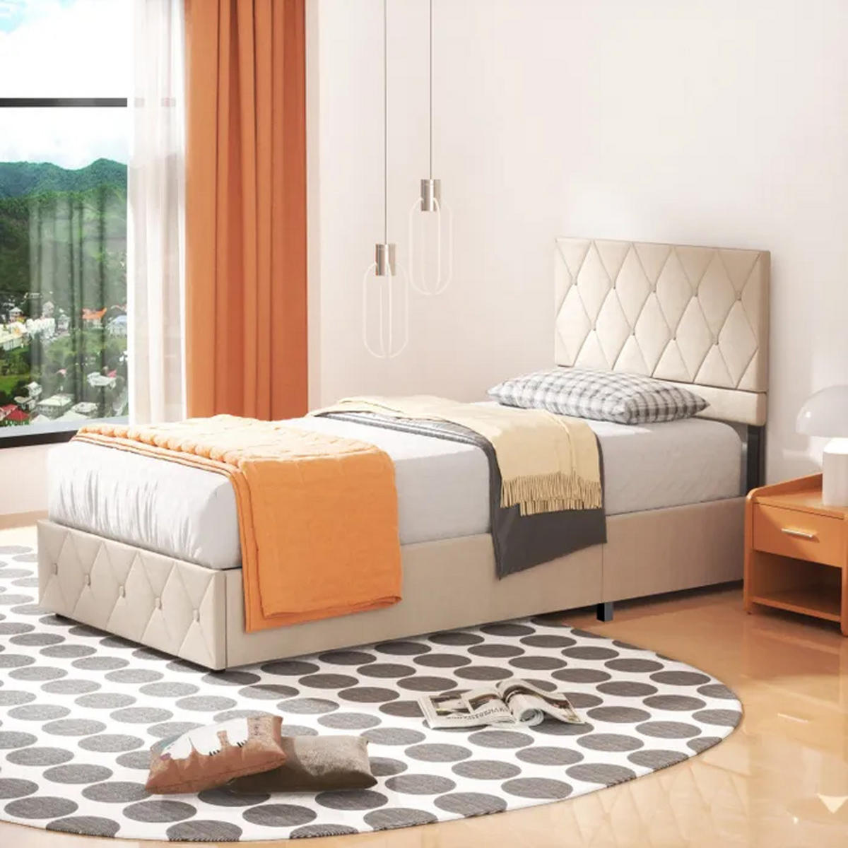 POLSTERBETT 90x190cm Beige mit Knopfnahtverzierung-Kopfteil, mit Bettkasten und Lattenrost - Beige, Holzwerkstoff/Textil (90/190cm) - EVRYAE